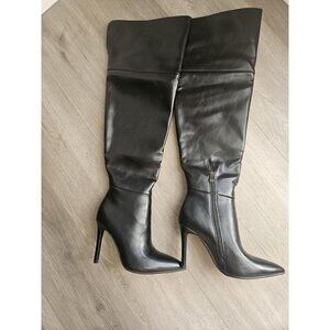 🆕Womens Black Faux Leather Ponited Toe Zipper up Thigh High Stiletto Heel Boot